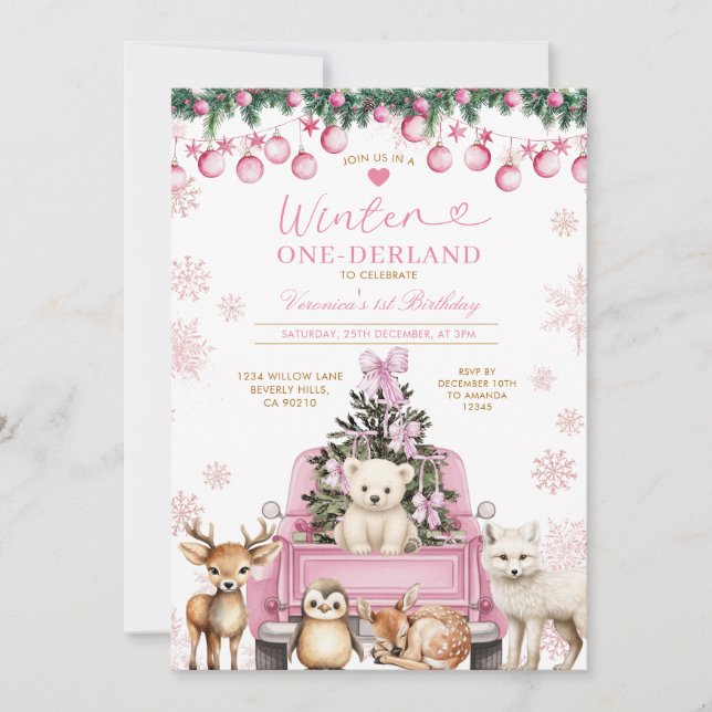 Pink Winter Truck Onederland 1st Birthday Animals Einladung (Vorderseite)