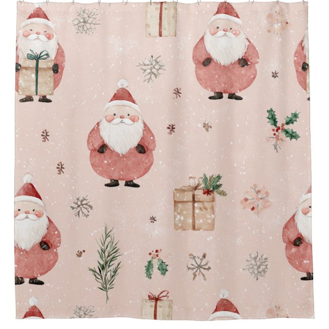 Pink Winter - Weihnachtsmann, Schneeflocken, Stech Duschvorhang (Vorderseite)