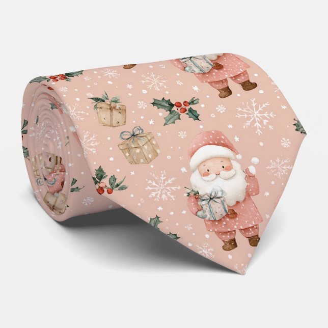 Pink Winter - Weihnachtsmann, Schneeflocken, Stech Krawatte (Gerollt)