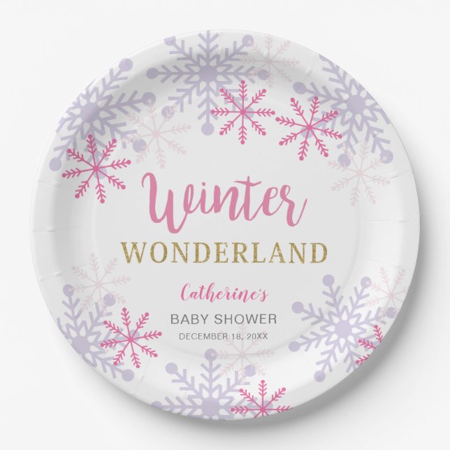 Pink Winter Wonderland Baby Showflakes Girl Pappteller (Vorderseite)