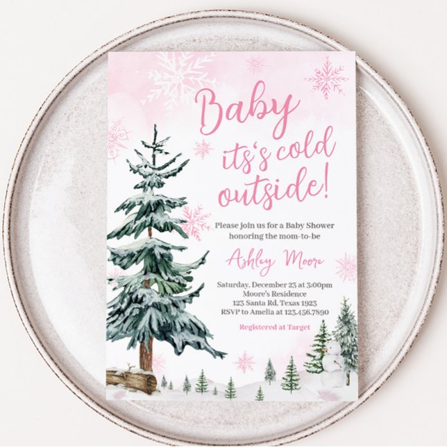 Pink Winter Wonderland Babydusche Einladung (Girl Winter Wonderland Baby Shower Invitation)
