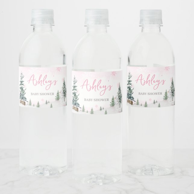 Pink Winter Wonderland Babydusche Wasserflaschenetikett (Flaschen)