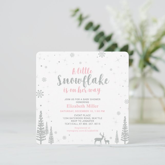 Pink Winter Wonderland, Girl Baby Dusche Einladung (Stehend Vorderseite)