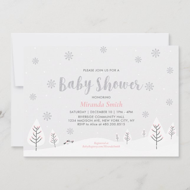 Pink Winter Wonderland, Girl Baby Shower Sprinkle Einladung (Vorderseite)