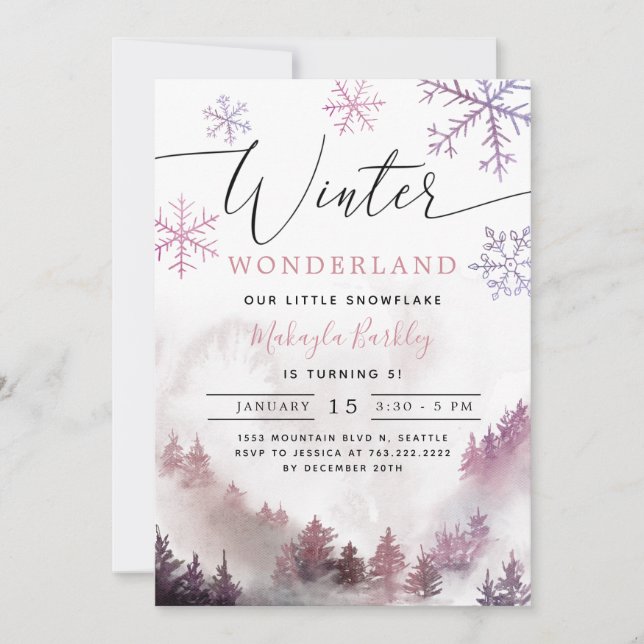 Pink Winter Wonderland Girl Birthday Einladung (Vorderseite)