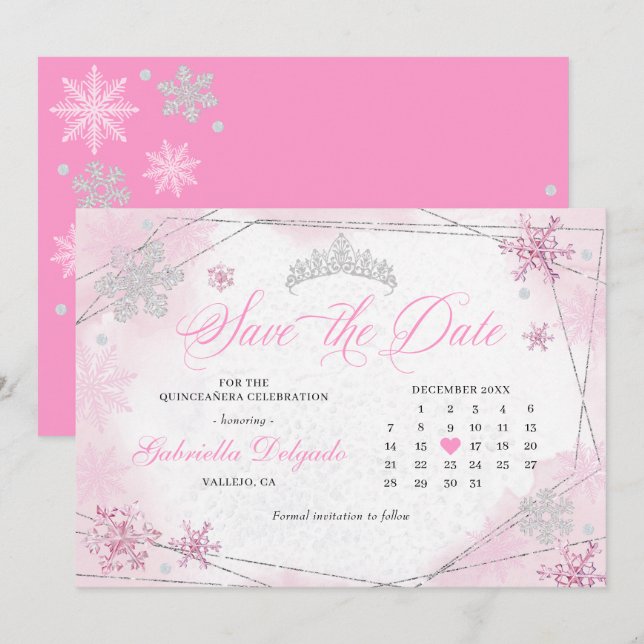 Pink Winter Wonderland Schneeflocke Save the Date Einladung (Vorne/Hinten)