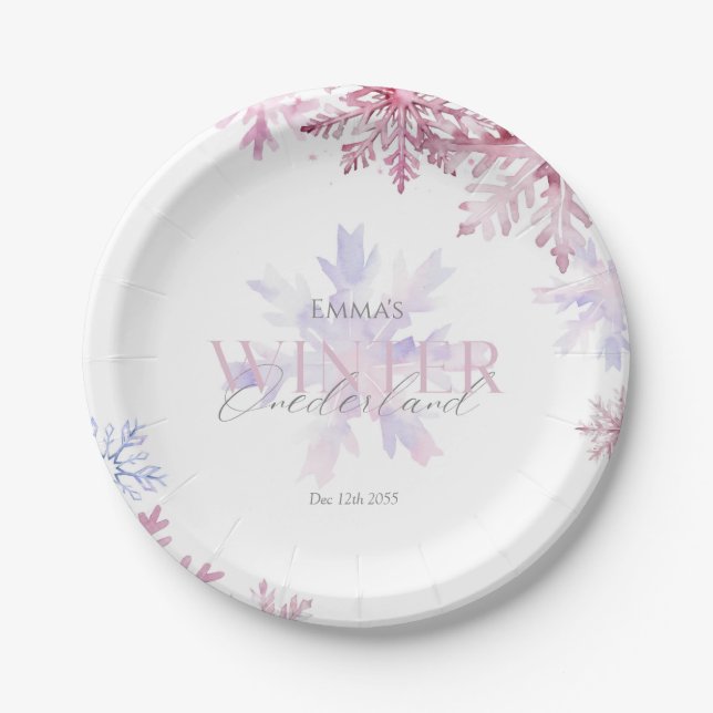 Pink Winter Wonderland Snowflake First Birthday  Pappteller (Vorderseite)