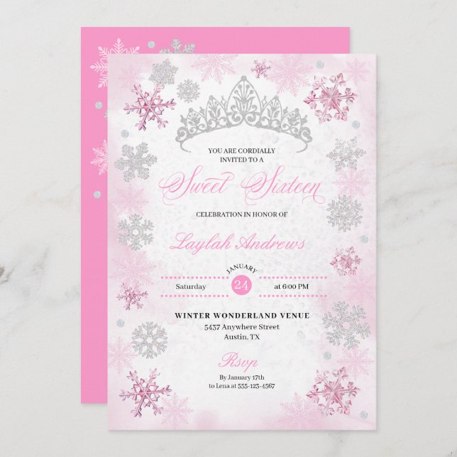 Pink Winter Wonderland Snowflake Sweet 16 Einladung (Vorne/Hinten)