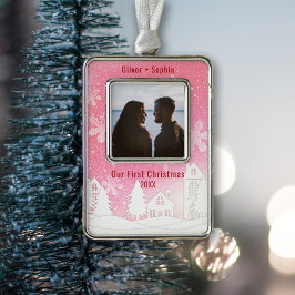 Pink Winter Wonderland Snowy Houses Foto Rahmen-Ornament Silber