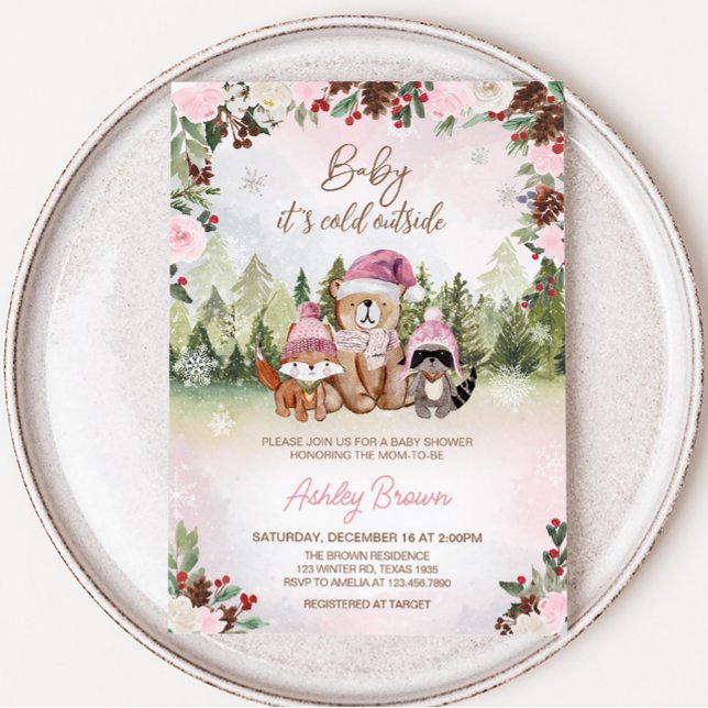 Pink Winter Woodland Kinderdusche Einladung (Pink Floral Winter Baby Shower Invitation)