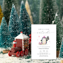 Pink Winter Woodland Penguin Baby Shower Einladung