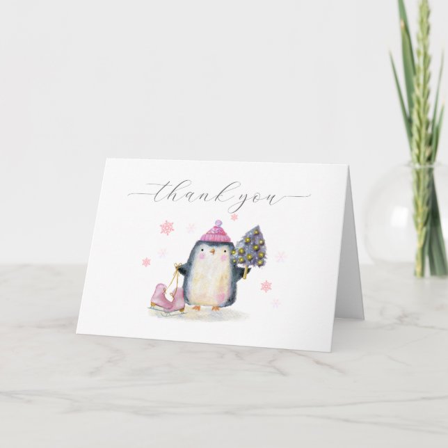 Pink Winter Woodland Skate Penguin Baby Shower  Dankeskarte (Vorderseite)