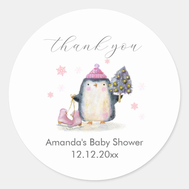 Pink Winter Woodland Skate Penguin Baby Shower  Runder Aufkleber (Vorderseite)