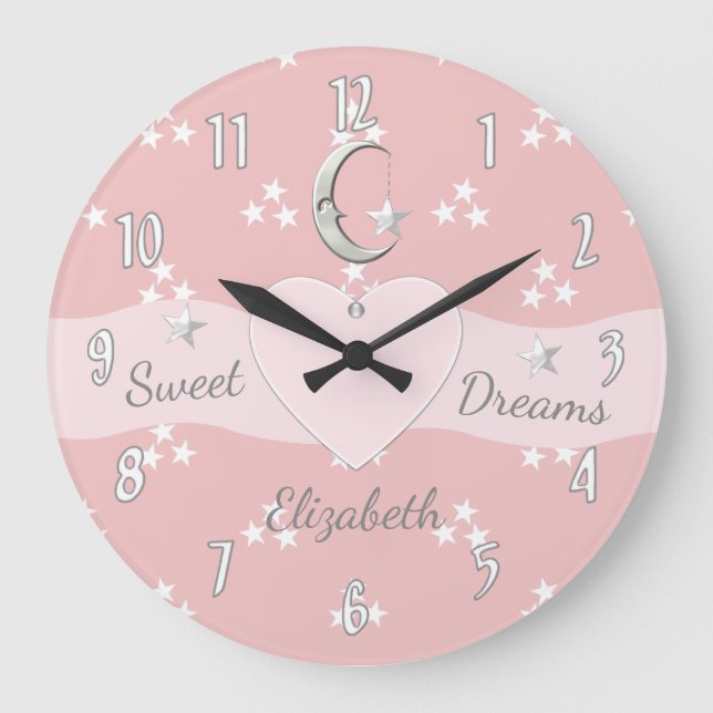 Pink with moon stars and baby name große wanduhr (Vorderseite)