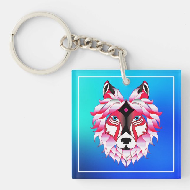 Pink Wolf Head Polygon Design-24531 Schlüsselanhänger (Vorderseite)