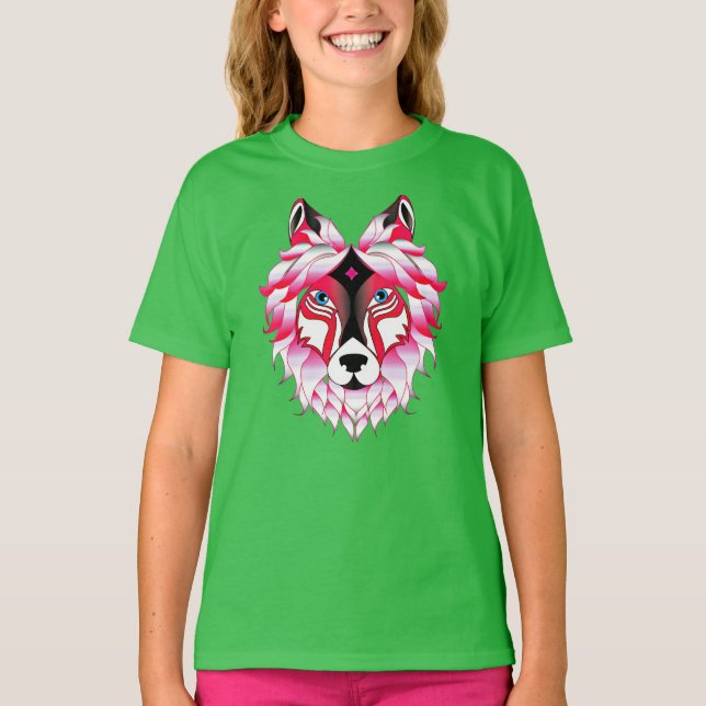Pink Wolf Head Polygon Design-24531 T-Shirt (Vorderseite)