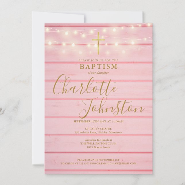 Pink Wood Lights Script Taufe Christening Einladung (Vorderseite)