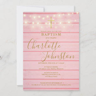 Pink Wood Lights Script Taufe Christening Einladung