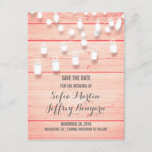 Pink Wood Rustic Mason Jar Lights Save the Date Ankündigungspostkarte