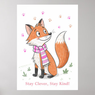 Pink Woodland Cheeky Fox Playful Doodle Animal Poster