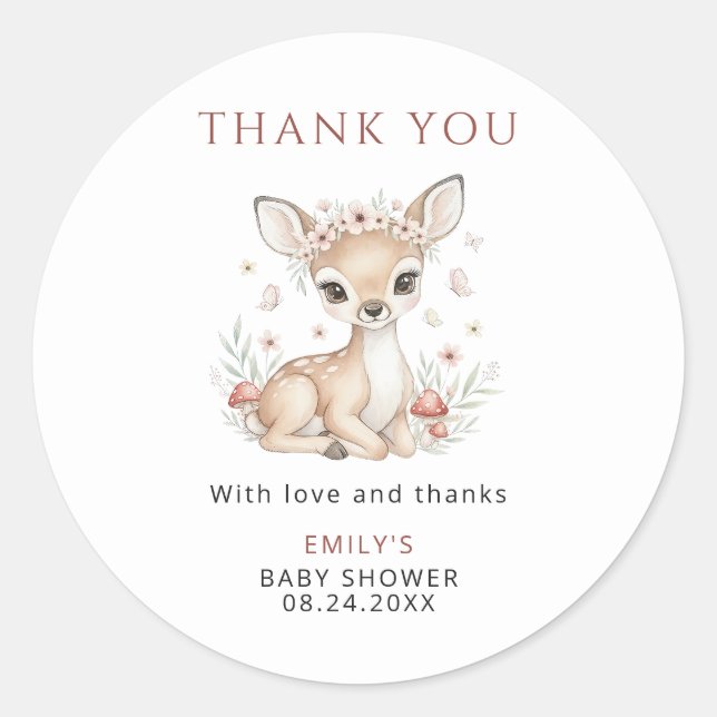 Pink Woodland Deer Girl Baby Shower Thank You Runder Aufkleber (Vorderseite)