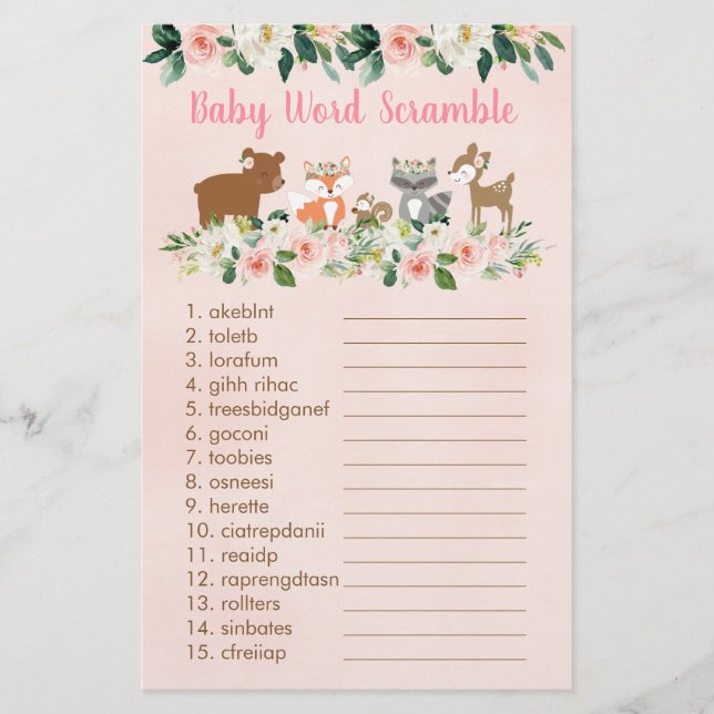 Pink Woodland Floral Baby Word Scramble Spiel (Vorderseite)