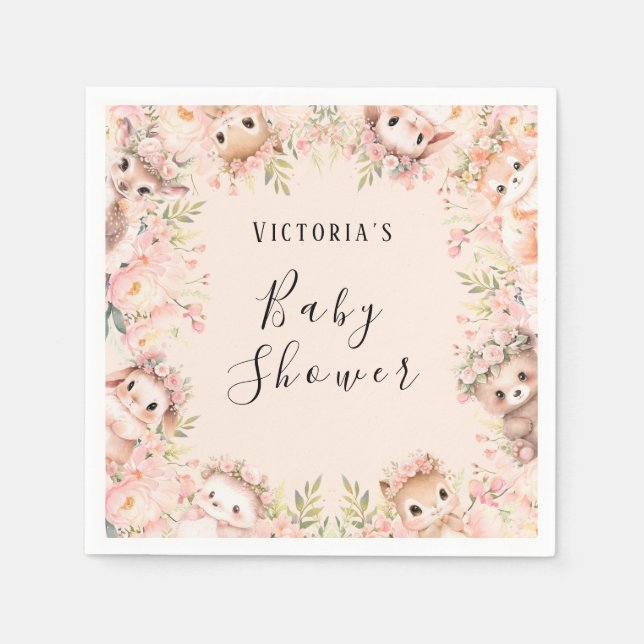 Pink Woodland Tiere Personalisiert Paper Napkin Serviette (Vorderseite)