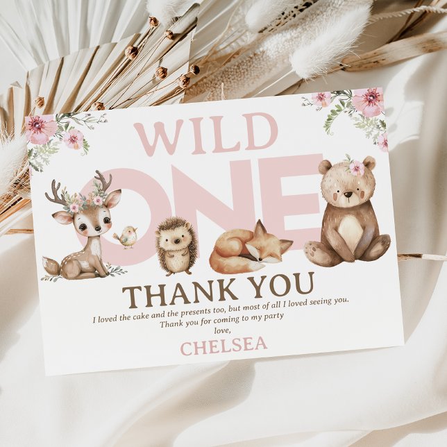 Pink Woodland Wild 1 1. Geburtstag Danke Karte (Pink Woodland Wild One Thank You Birthday Card, Wildflowers Woodland Wild One Thank You Card)