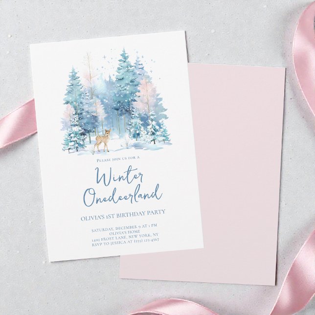 Pink Woodland Winter Onederland 1. Geburtstag Part Einladung (Pink Woodland Winter Onederland 1st Birthday Party Invitation)