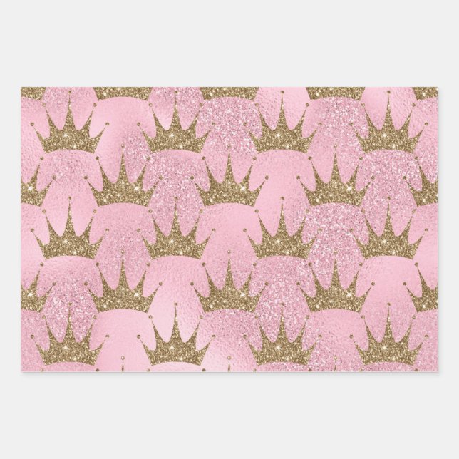 Pink Wrapping Paper mit goldenen Kronen Geschenkpapier Set (Vorderseite)