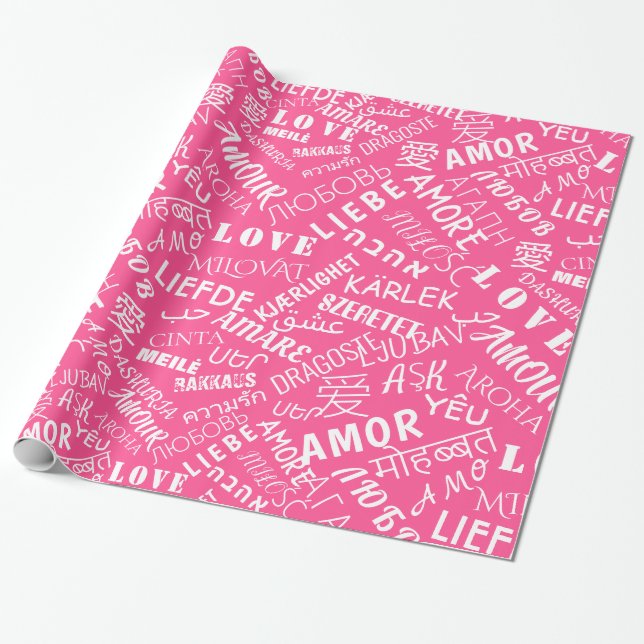 Pink Wrapping Paper mit mehrsprachiger Liebe Text Geschenkpapier (Ungerollt)