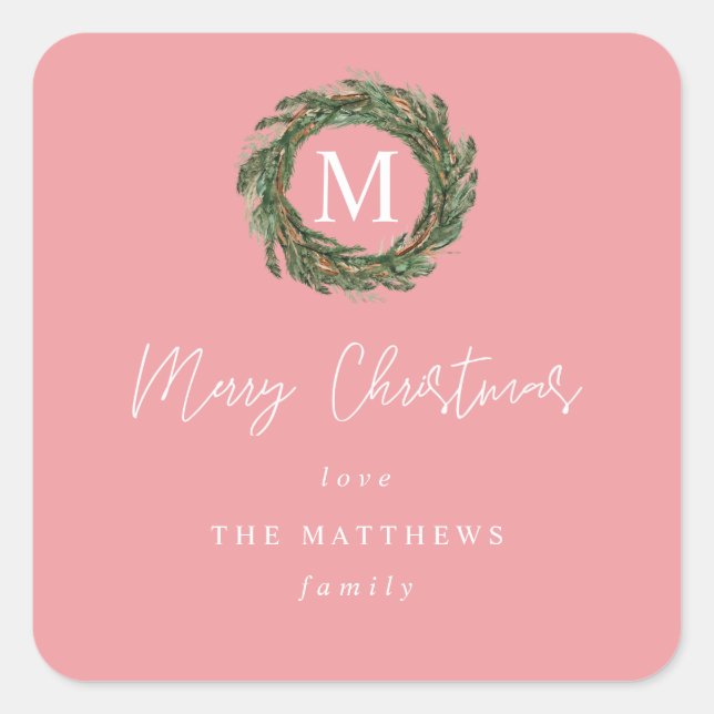 Pink Wreath Monogram Frohe Weihnachtsgeschenke Quadratischer Aufkleber (Vorderseite)