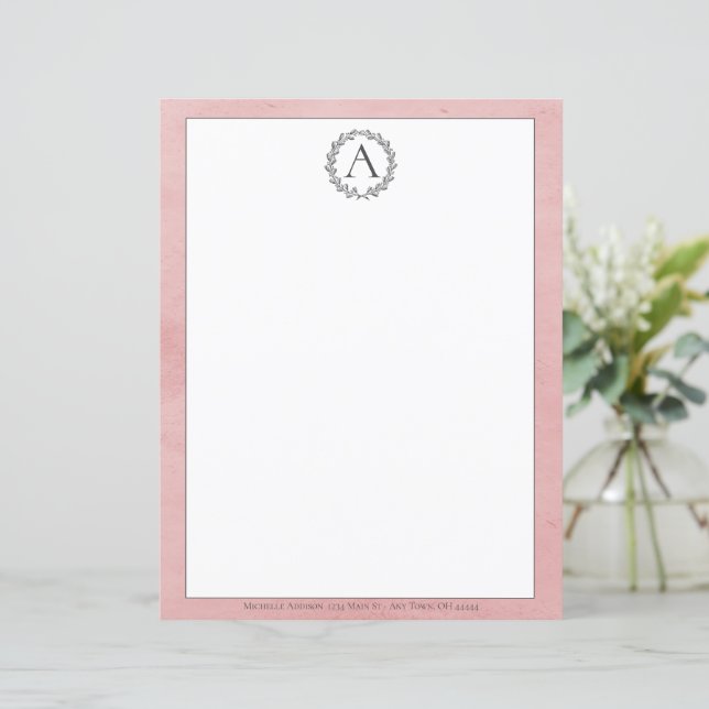 Pink Wreath Monogram Stationierung (Stehend Vorderseite)