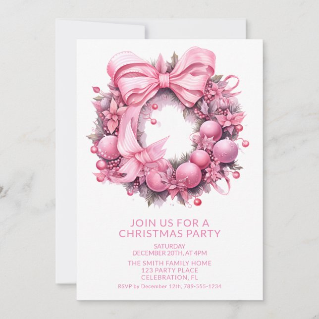 Pink Wreath Weihnachts-Party Einladung (Vorderseite)