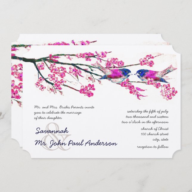 Pink Yarrow Navy Blue Love Bird Forest Wedding Einladung (Vorne/Hinten)