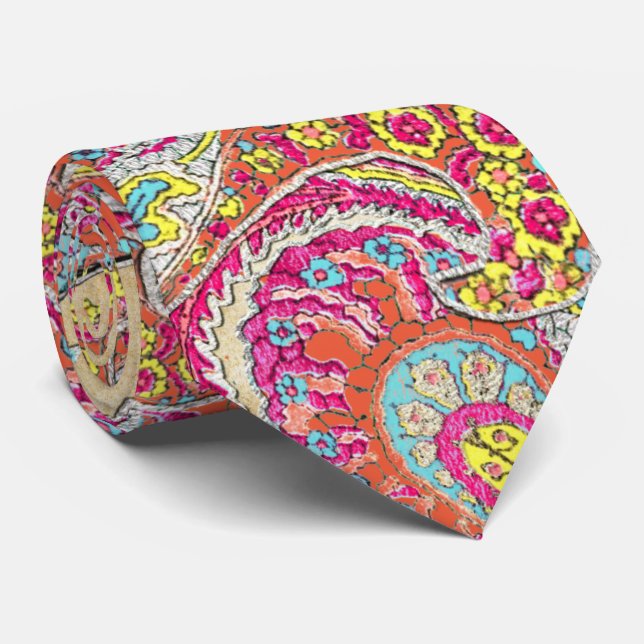 Pink Yellow Aqua Vintag Paisley Wedding Krawatte (Gerollt)