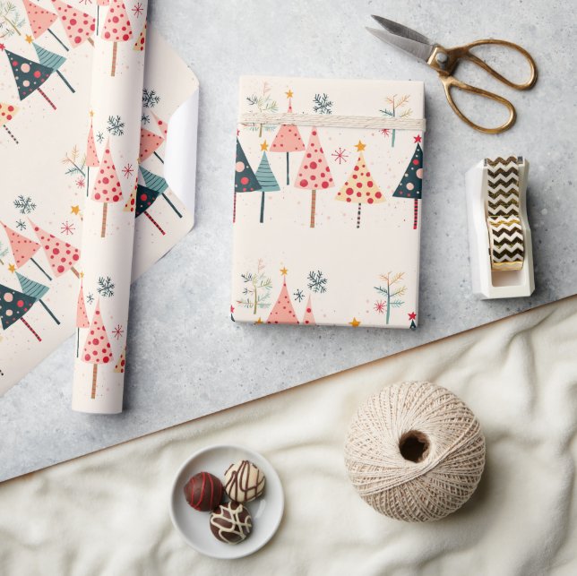 Pink, Yellow, Black, Teal Holiday Trees with Stars Geschenkpapier (Kunsthandwerk)