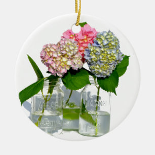 Pink yellow blue hydrangeas in mason jar keramikornament