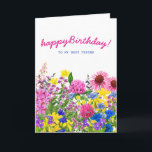 Pink Yellow Blue Lila Floral Friends Geburtstag Karte<br><div class="desc">Ein wunderschöner Garten voller rosa,  lila blauer und gelber Wildblumen bringt Ihrem besten Freund Ihre Geburtstagswünsche. Es gibt eine innere Nachricht mit Blume in einer Vase. Der gesamte Text ist editierbar,  sodass Sie Ihre Karte wirklich personalisieren können. Wenn Sie passende Artikel wünschen,  schreiben Sie mir bitte!</div>
