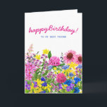 Pink Yellow Blue Lila Floral Friends Geburtstag Karte<br><div class="desc">Ein wunderschöner Garten voller rosa,  lila blauer und gelber Wildblumen bringt Ihrem besten Freund Ihre Geburtstagswünsche. Es gibt eine innere Nachricht mit Blume in einer Vase. Der gesamte Text ist editierbar,  sodass Sie Ihre Karte wirklich personalisieren können. Wenn Sie passende Artikel wünschen,  schreiben Sie mir bitte!</div>