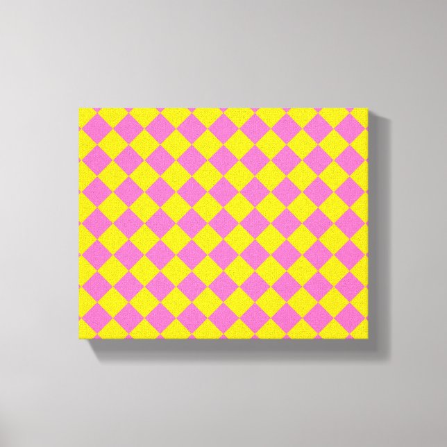 Pink Yellow Diamond Harlequin Schachbrett Pattern Leinwanddruck (Vorderseite)