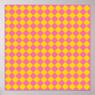Pink Yellow Diamond Harlequin Schachbrett Pattern Poster