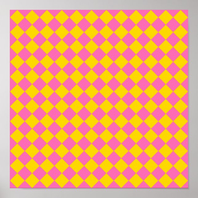 Pink Yellow Diamond Harlequin Schachbrett Pattern Poster (Vorne)