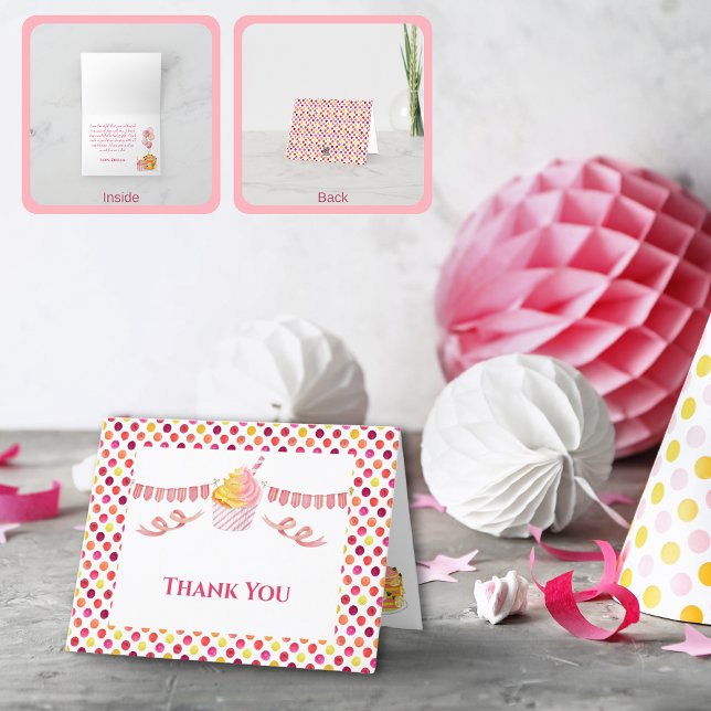 Pink Yellow Dot Cake Cupcake Danke (Pink Yellow Birthday Party Thank You Card)