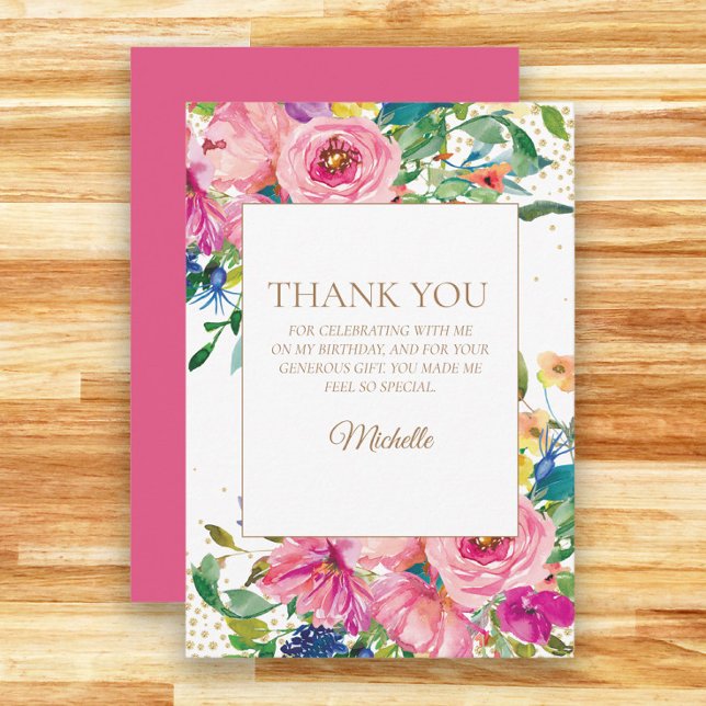 Pink Yellow Floral Geburtstag Vielen Dank Dankeskarte (Pink and blue watercolor floral birthday party thank you card)