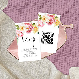 Pink Yellow Florals Script QR Code Wedding RSVP Begleitkarte