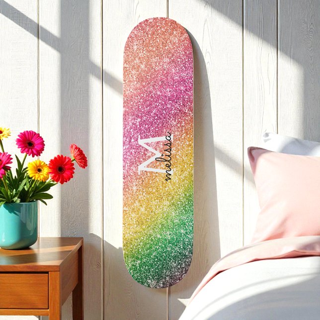 Pink Yellow Green Glitter Rainbow Monogram Skateboard (Von Creator hochgeladen)