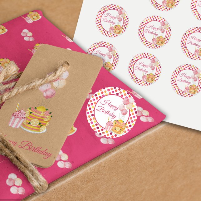 Pink Yellow Happy Birthday Polka Dot Runder Aufkleber (Pink Yellow Birthday Gift Tag Sticker)