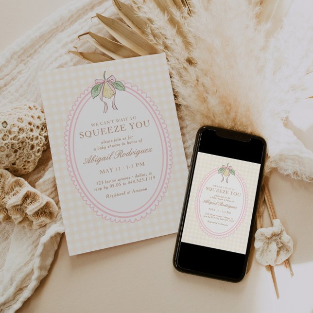 Pink & Yellow Lemon Bow Baby Shower Einladung (Von Creator hochgeladen)