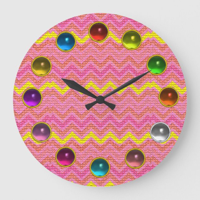 PINK YELLOW MOSAIC ZICKZACK UND FARBHAFTE GEMSTONS GROßE WANDUHR (Vorderseite)